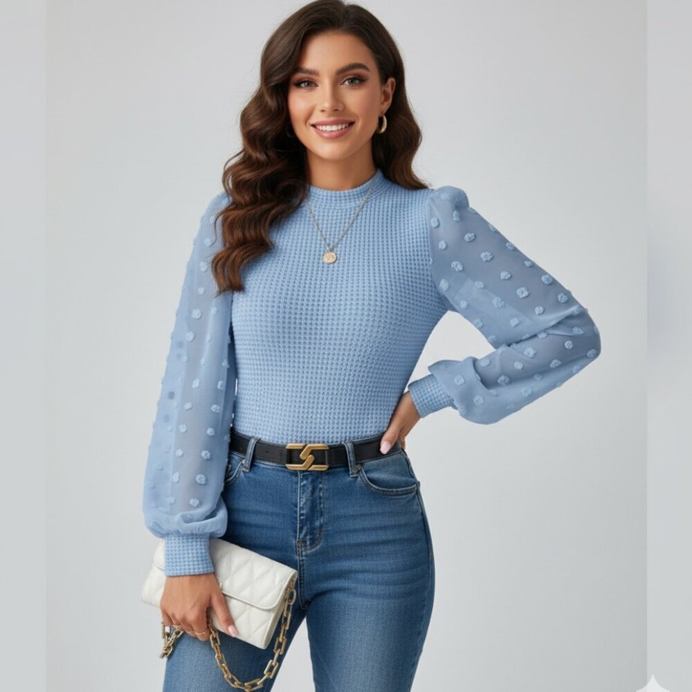 Swiss Dot Lantern Sleeve Mock Neck Top Light Blue
